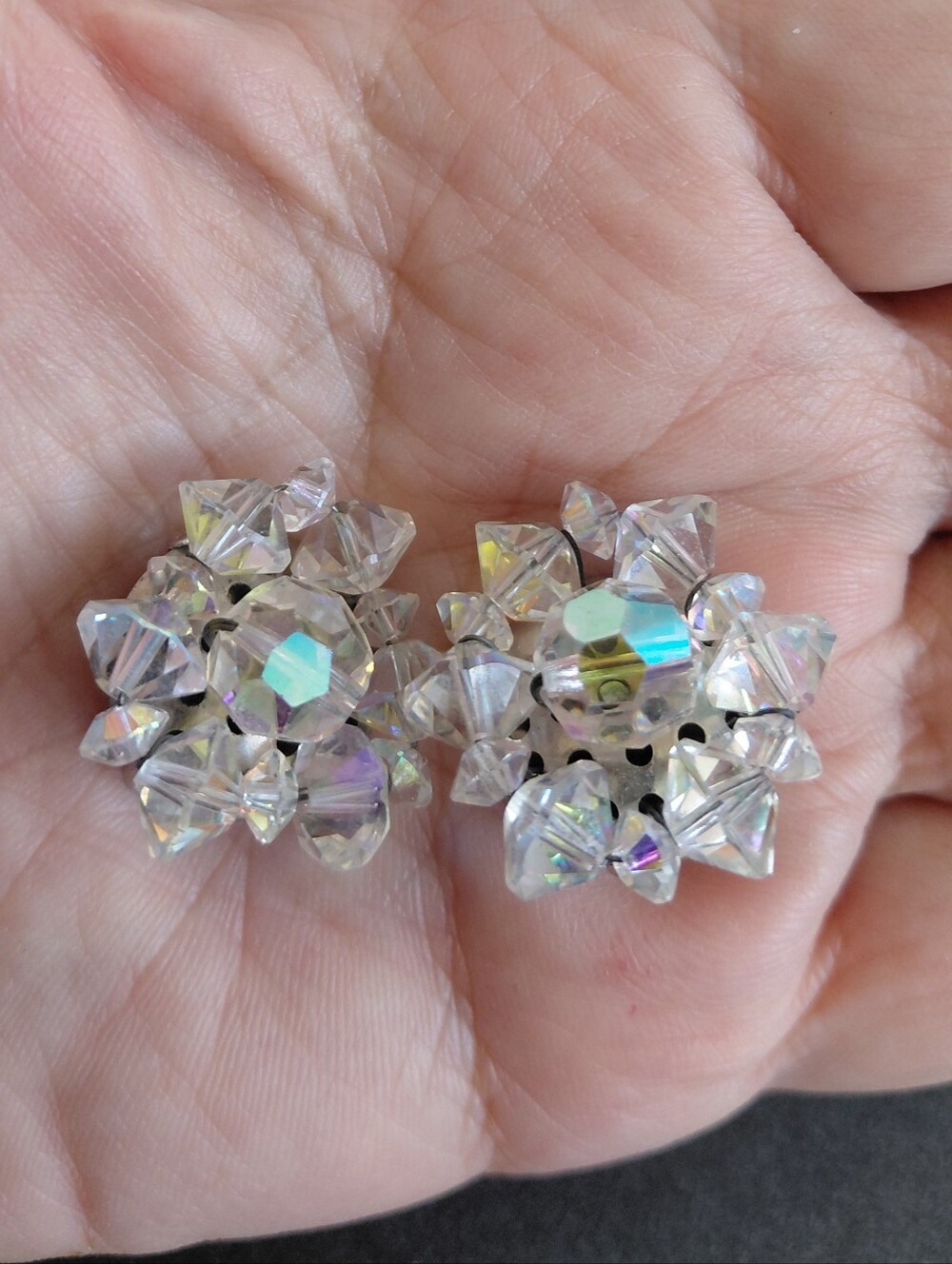 Vtg Aurora Borealis Crystal  Cluster Earring Clipons.